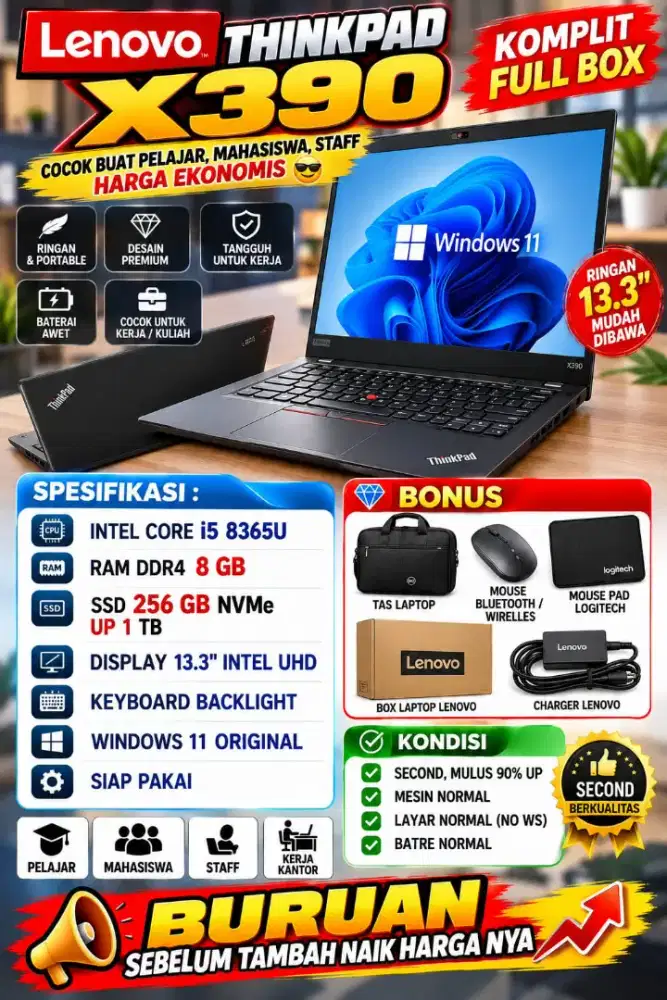 Lenovo Thinkpad X390 Core i5 G8 Ram 8Gb SSD 256Gb