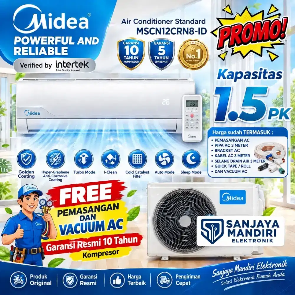FREE PASANG! MIDEA AC STANDART 1.5 PK TURBO COOLING GoldFin R32 12CRN8