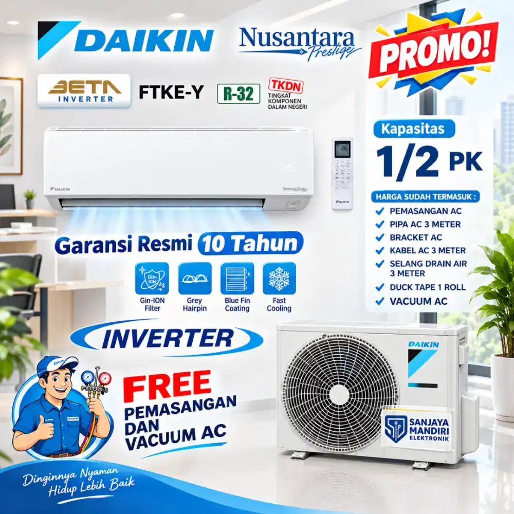 DAIKIN AC Split 1/2 PK BLUEFIN BETA INVERTER Prestige G-ION FTKE15YV