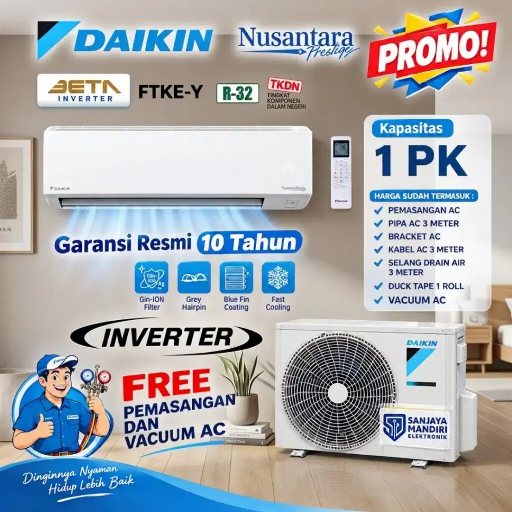 DAIKIN AC Split 1 PK BLUE FIN BETA INVERTER Prestige G-ION FTKE15YV