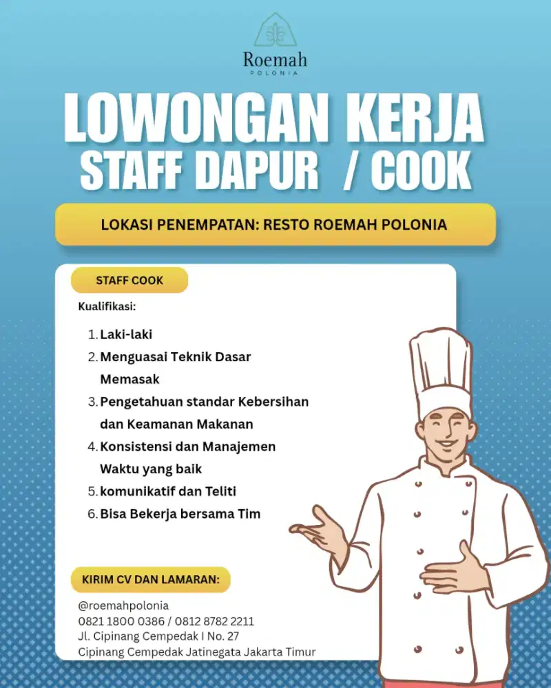 Dibutuhkan Staff Dapur / Cook