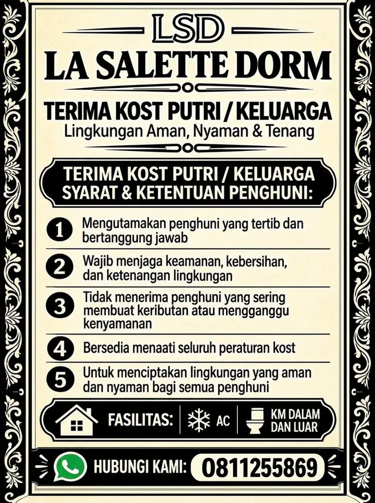 Terima Kost Putri dan Kost keluarga