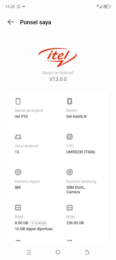 Itel p55 ram 8+8/256 no mines siap pkey harga 1,5 nego