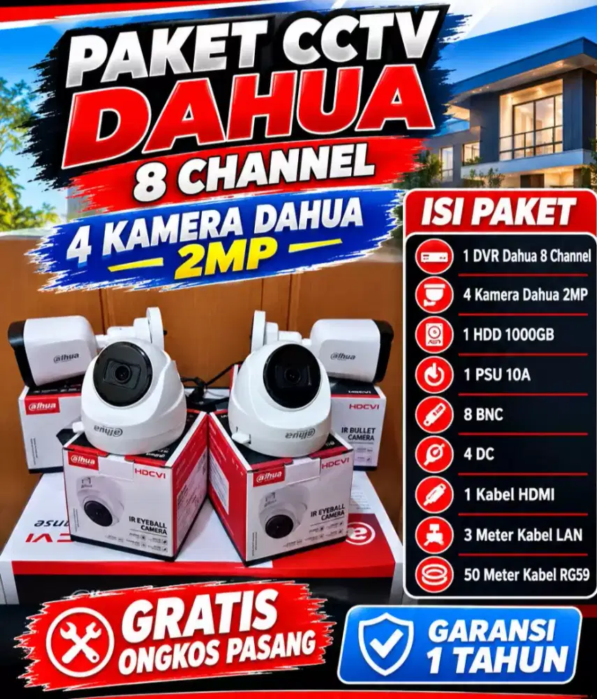 paket cctv dahua 8 channel 4 kamera  2mp