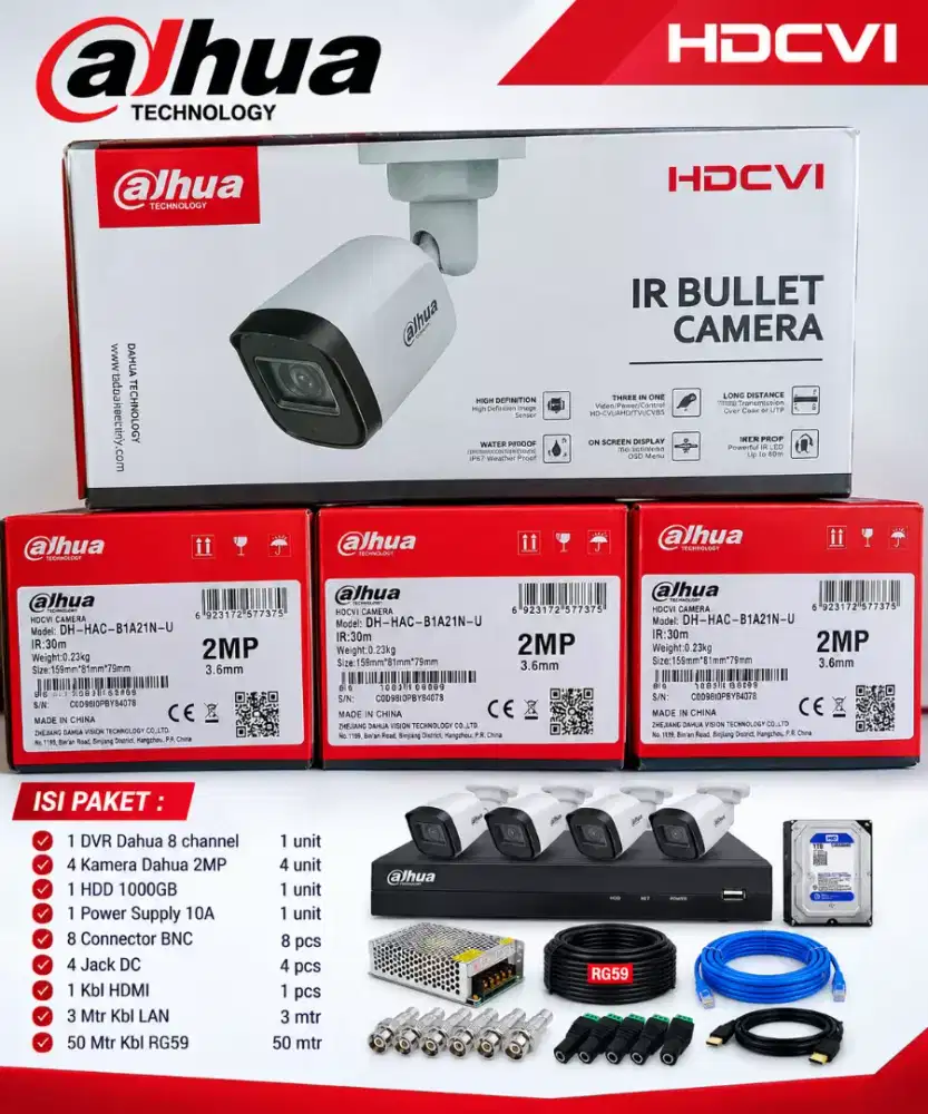 paket cctv dahua 8 channel 4 kamera 2mp