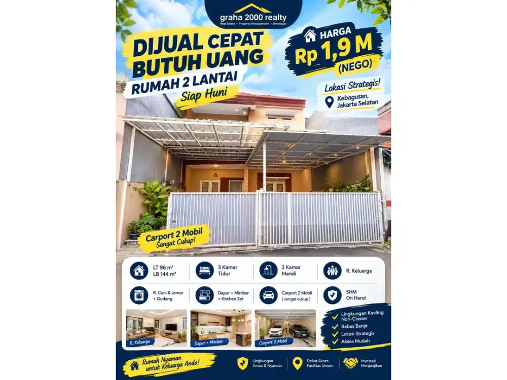 Dijual Cepat Rumah 2 Lantai Kebagusan Jakarta Selatan LT 96 m² LB 144 m² SHM Carport 2 Mobil Harga 1,9 Miliar