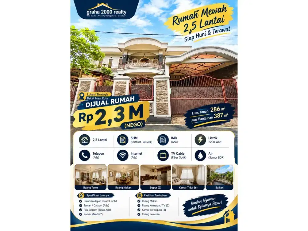 Dijual Rumah 2,5 Lantai di Cimahi LT 286 m² LB 387 m² 6 Kamar Tidur SHM IMB Harga 2,3 Miliar