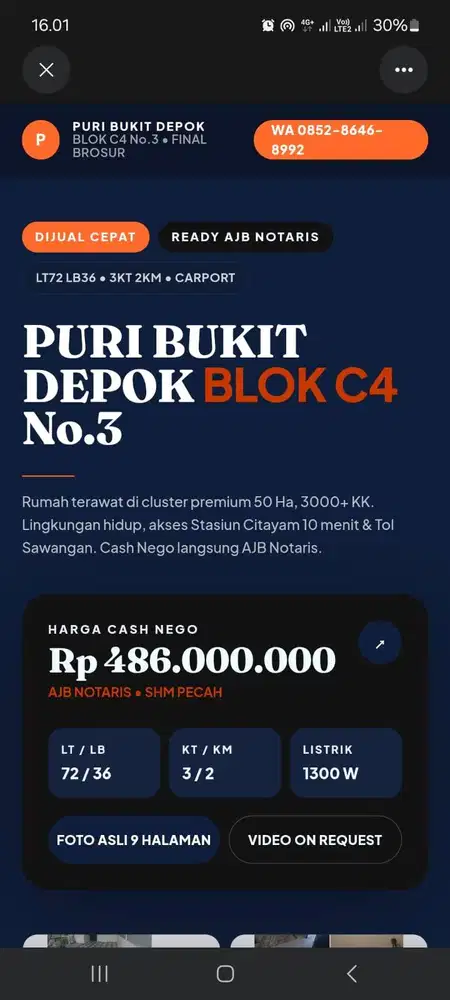 Dijual Rumah Cash di Puri Bukit Depok Tajurhalang Bogor - LT 72 LB 36