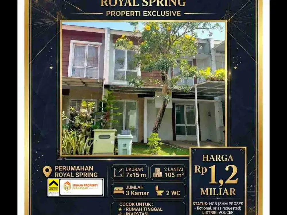 Royal Spring Jl Tun Abdul Razak
Jumlah kamar : 3
Jumlah WC : 2
Brp lantai : 2
Ukuran tanah : 7x15
Ukuran bangunan : 135
Listrik : voucer
Status SHM/HGB : HGB
Lama Bangunan : 2015
Harga : 1,2M