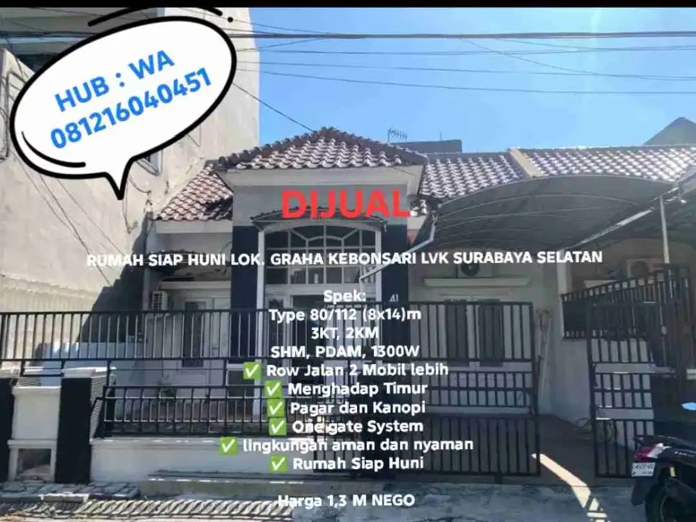 Rumah siap huni lokasi Perum Graha Kebonsari LVK Surabaya Selatan