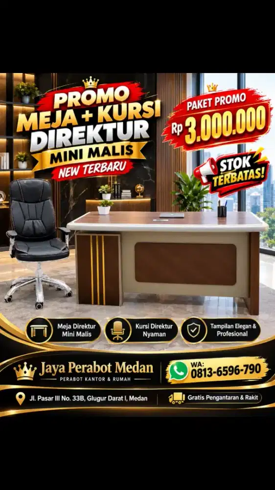 SET MEJA KERJA DIREKTUR+KURSINYA PREMIUM MINIMALIS CUCI GUDANG
