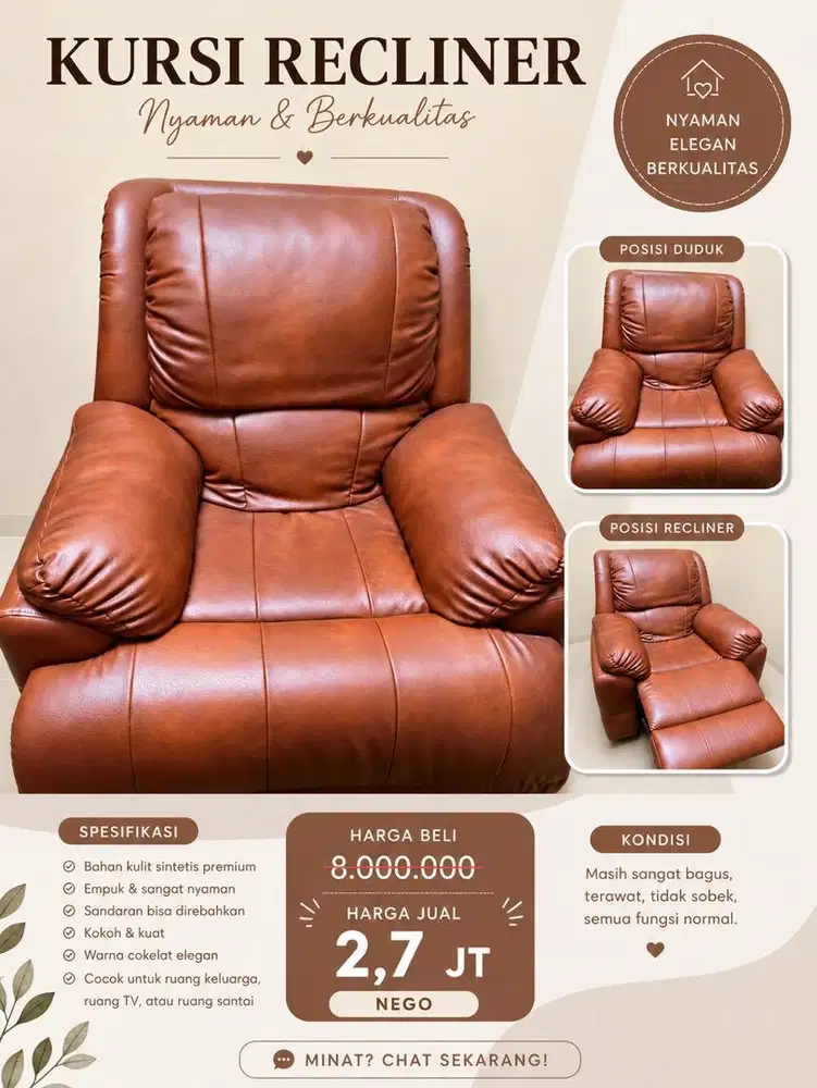 Dijual Kursi Recliner Cokelat-Nyaman & Elegant