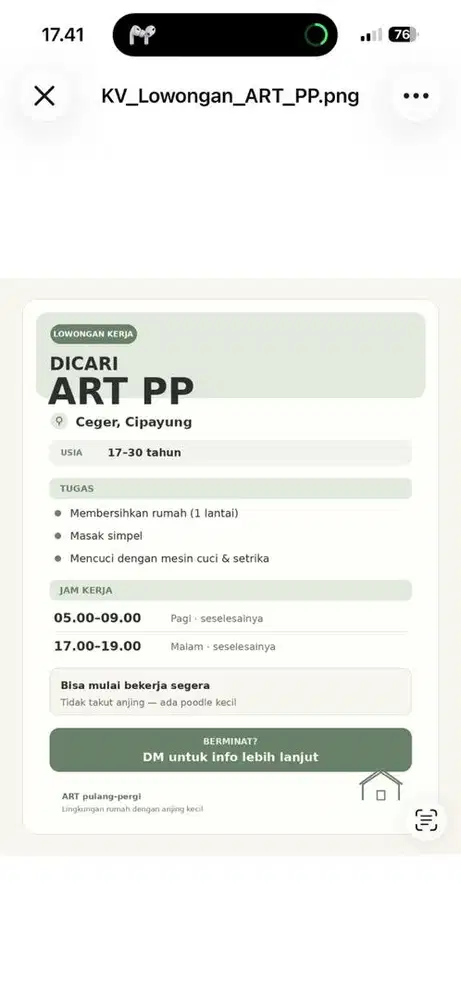 Dicari ART Pulang Pergi