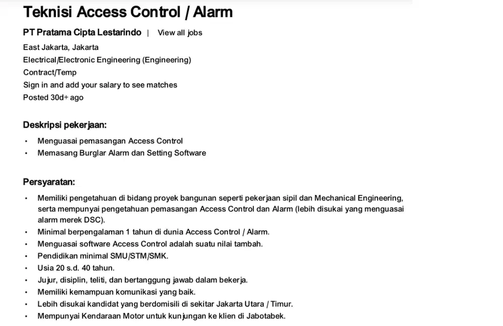 Lowongan Teknisi Akses kontrol / alarm