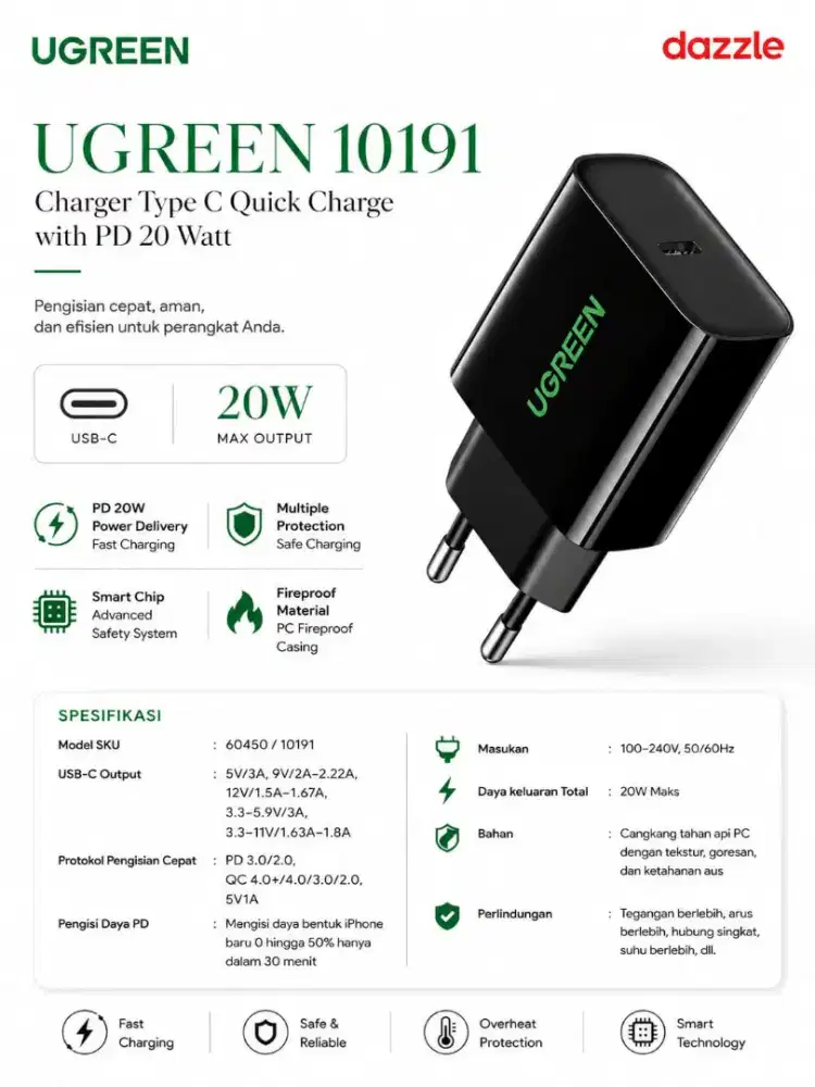 Ugreen 10191 Charger Type C Quick Charge with PD 20 watt