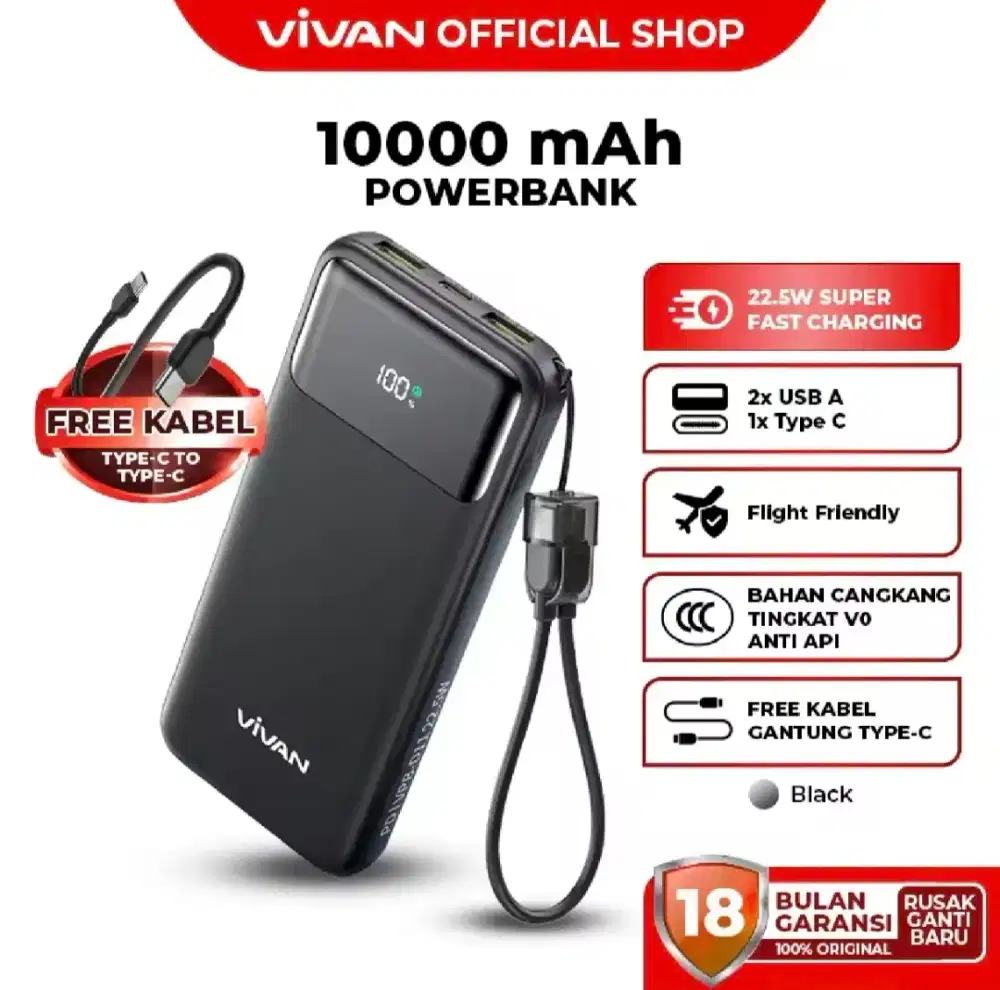 Power Bank Vivan Original 10.000mAh Real Fast Charging 22.5W Baru