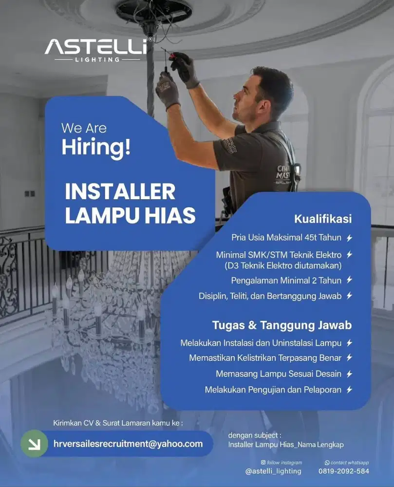 WE ARE HIRING HELPER GUDANG + INSTALLER LAMPU HIAS