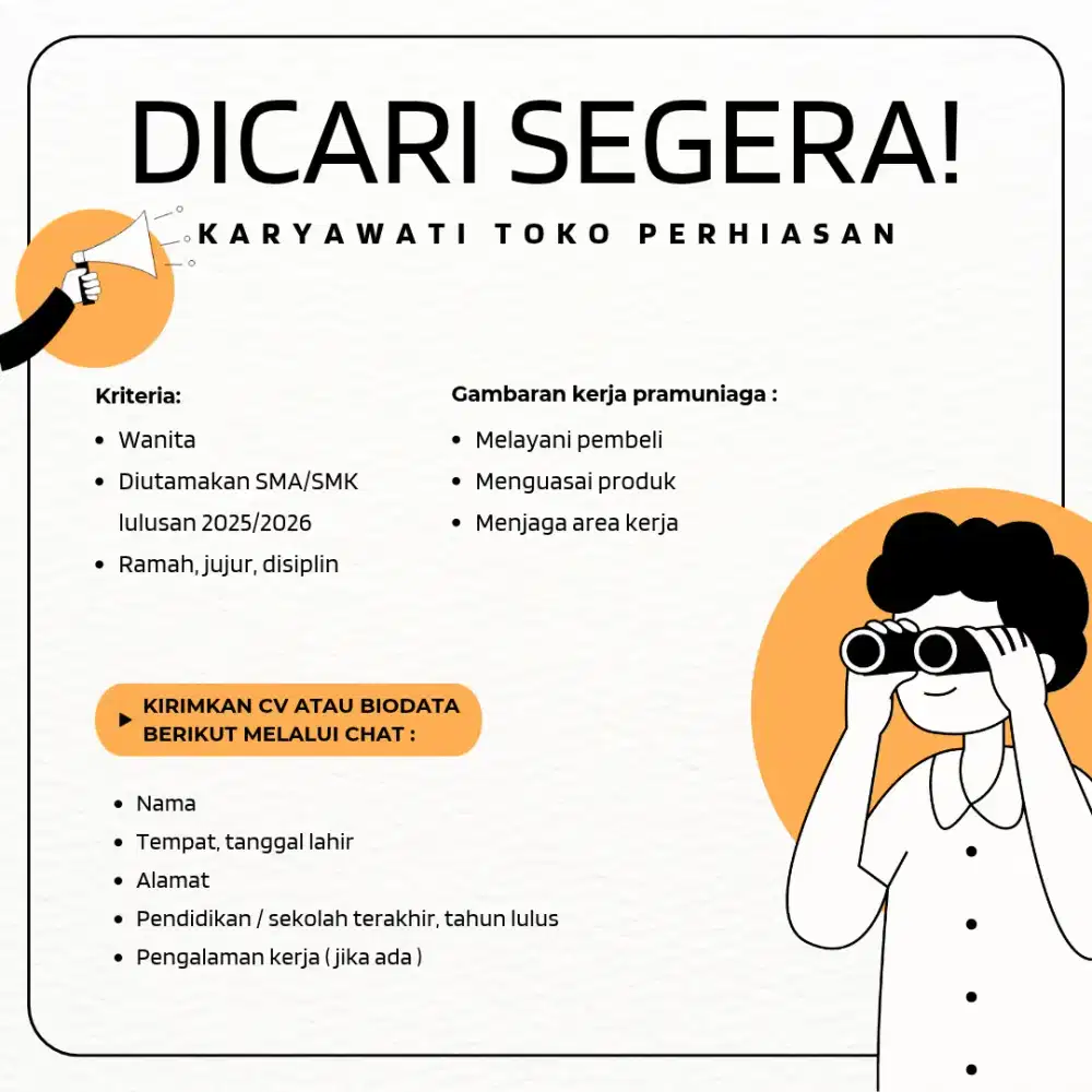 Dicari karyawati toko perhiasan