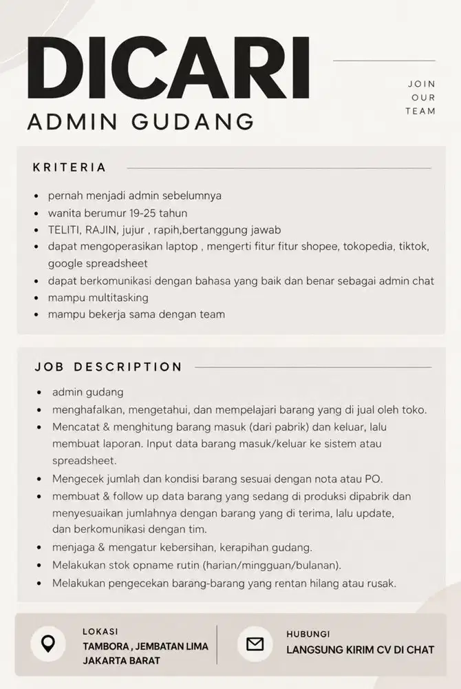 DICARI ADMIN GUDANG
