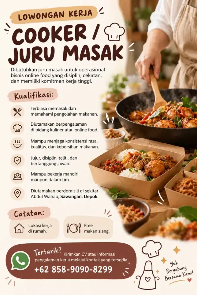 DICARI TUKANG MASAK DAN KITCHEN HELPER