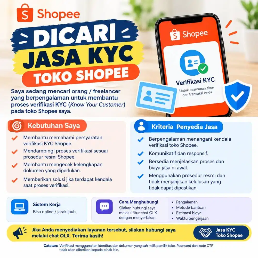 DICARI JASA PENDAMPINGAN VERIFIKASI KYC TOKO SHOPEE