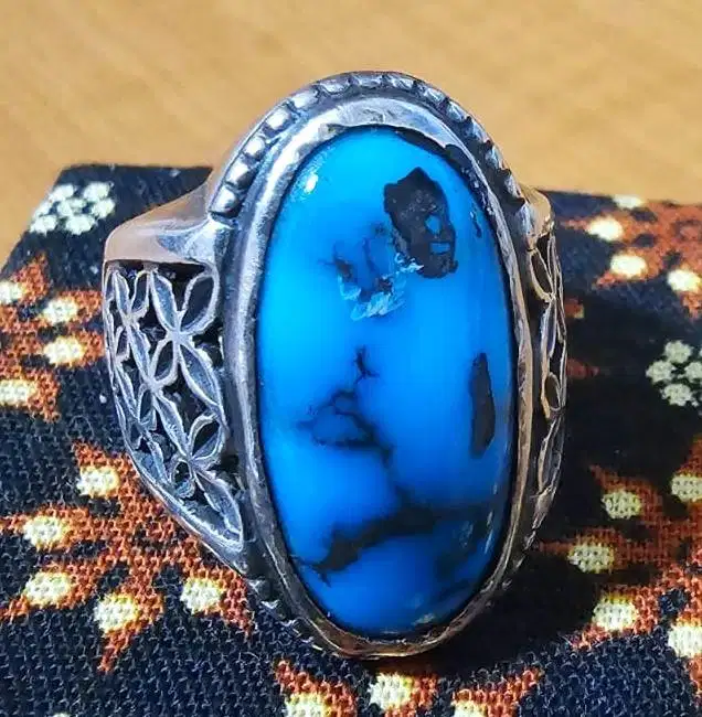 Cincin Batu Pirus Biru Motif Urat Hitam (Batu Akik)