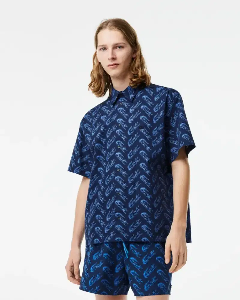 Short Sleeve Kemeja LACOSTE AOP colour Navy Size M