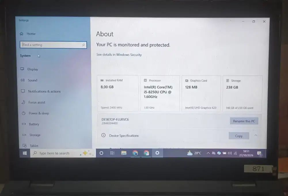 Lenovo ThinkPad L380
Intel(R) Core(TM) i5-8250U Cpu