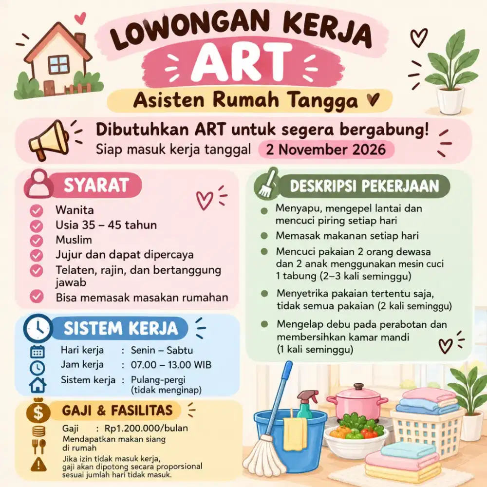DIBUTUHKAN ART SECEPATNYA (SIAP MASUK KERJA 2 NOVEMBER 2026)