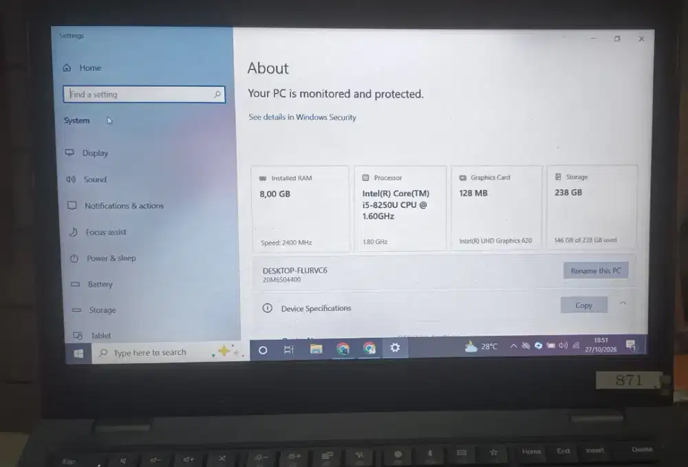 Lenovo Think L380
Intel(R) Core(TM) i5-8250U CPU  
# RAM 8.00 GB