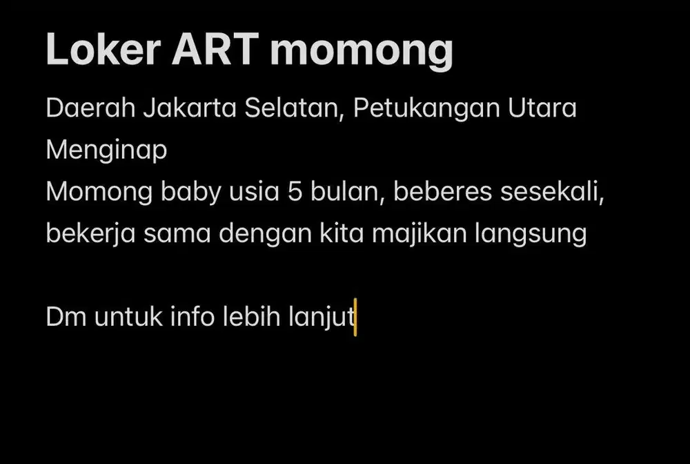 Dicari ART momong baby menginap daerah Petukangan Jakarta
