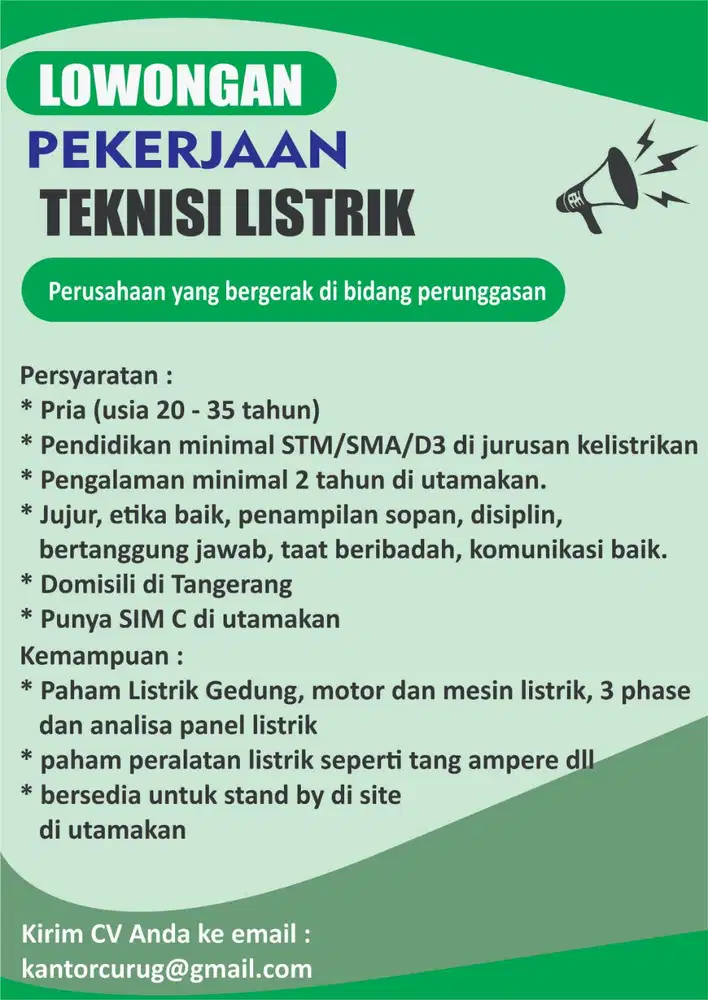 LOWONGAN PEKERJAAN : DIBUTUHKAN TEKNISI LISTRIK DAERAH TANGERANG