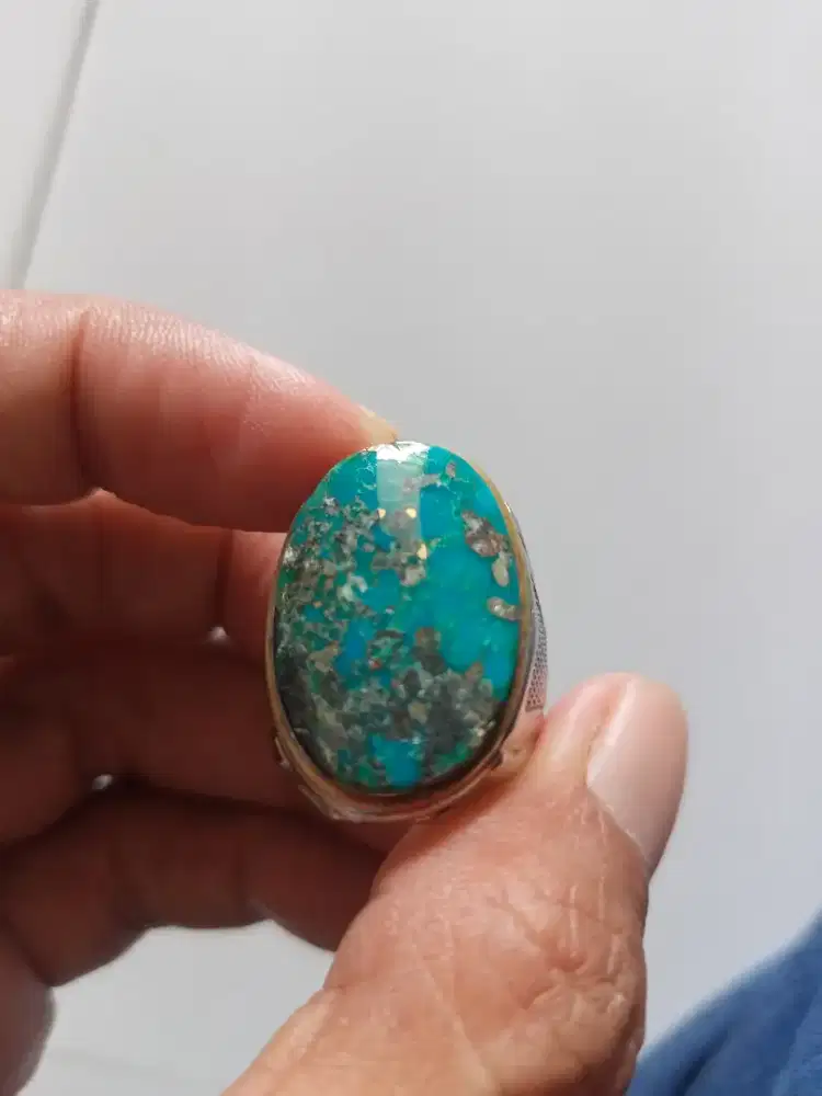 Batu Cincin Akik Permata Natural Turquoise Pirus Persia Urat Logam