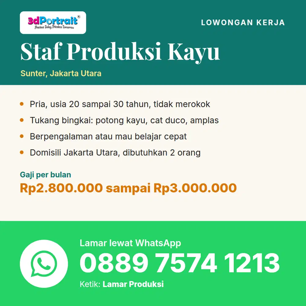 Dicari Staf Produksi Kayu Pria di Sunter Jakut, Gaji 2,8 sampai 3 Juta