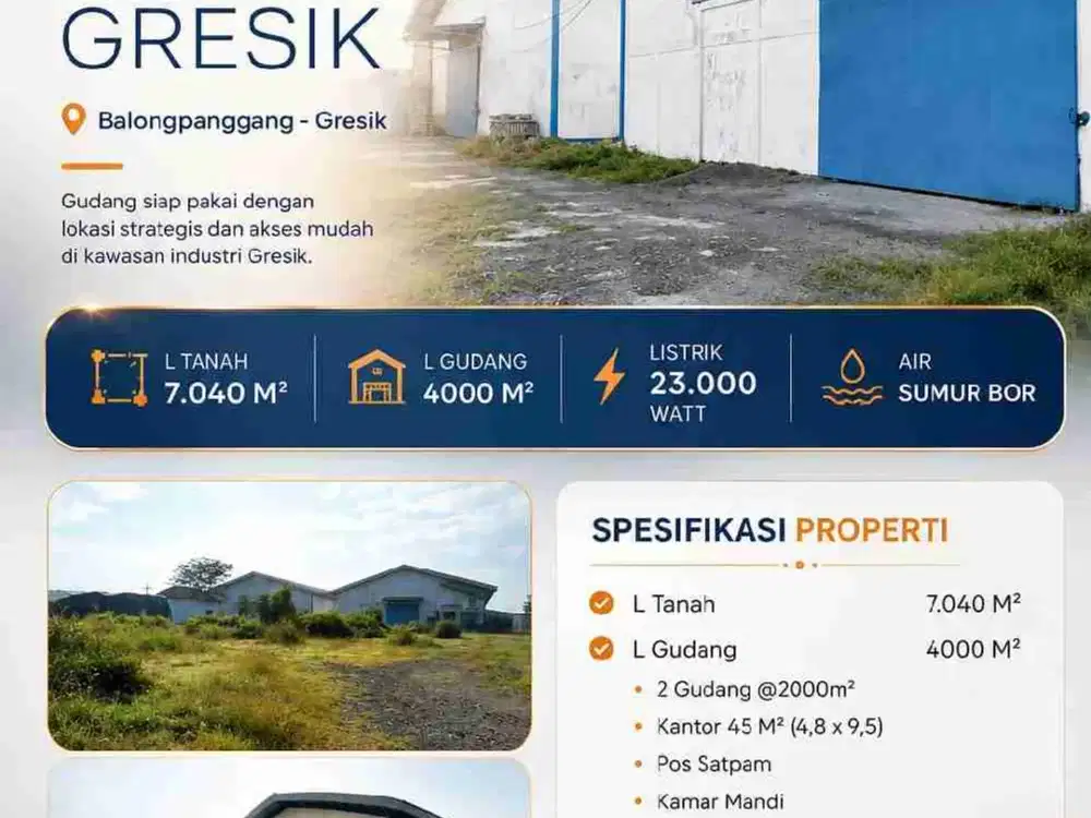 DI JUAL GUDANG SIAP PAKAI LOKASI Nol Jl. Raya Semanding- Balong Panggang, Gresik
