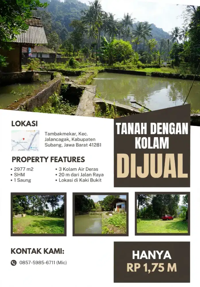 Dijual Tanah dengan Kolam Daerah Kab Subang