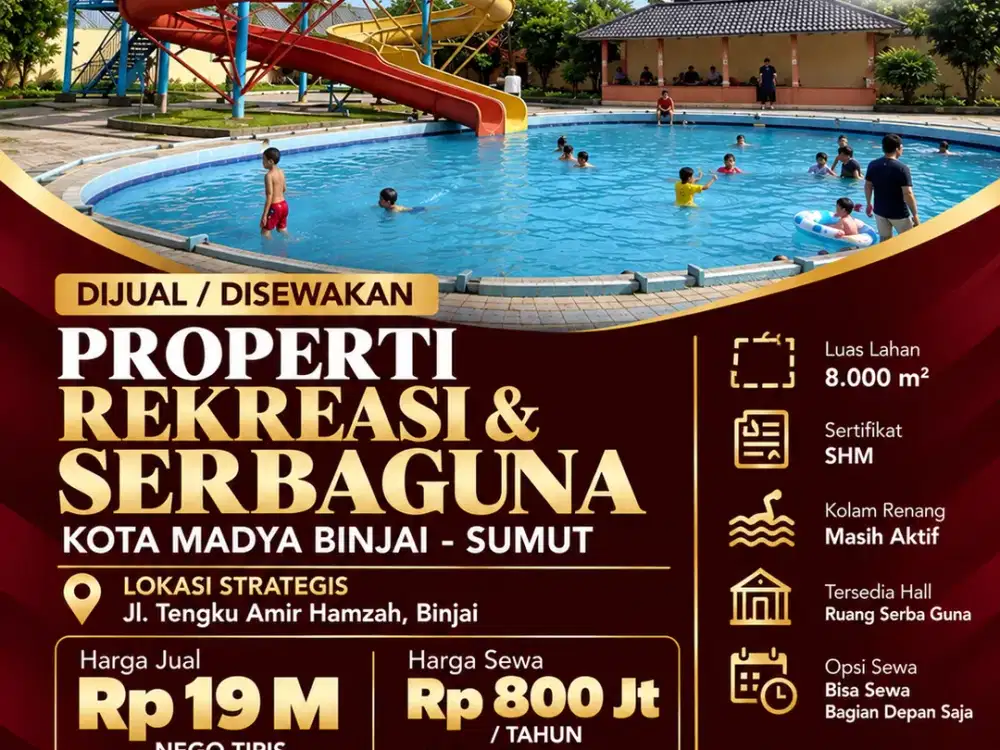 Dijual / Disewa Lahan Komersial Kolam Renang & Hall Serbaguna Binjai