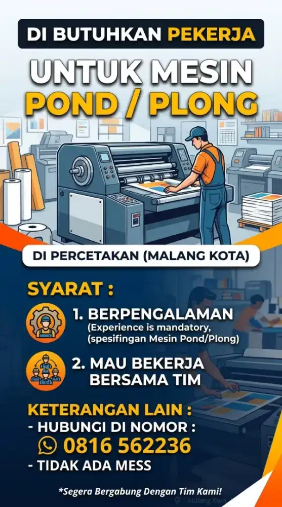 Di butuhkan operator mesin Pond / Plong Di Malang kota