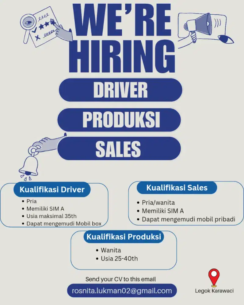 Dibutuhkan Segera driver, produksi, sales