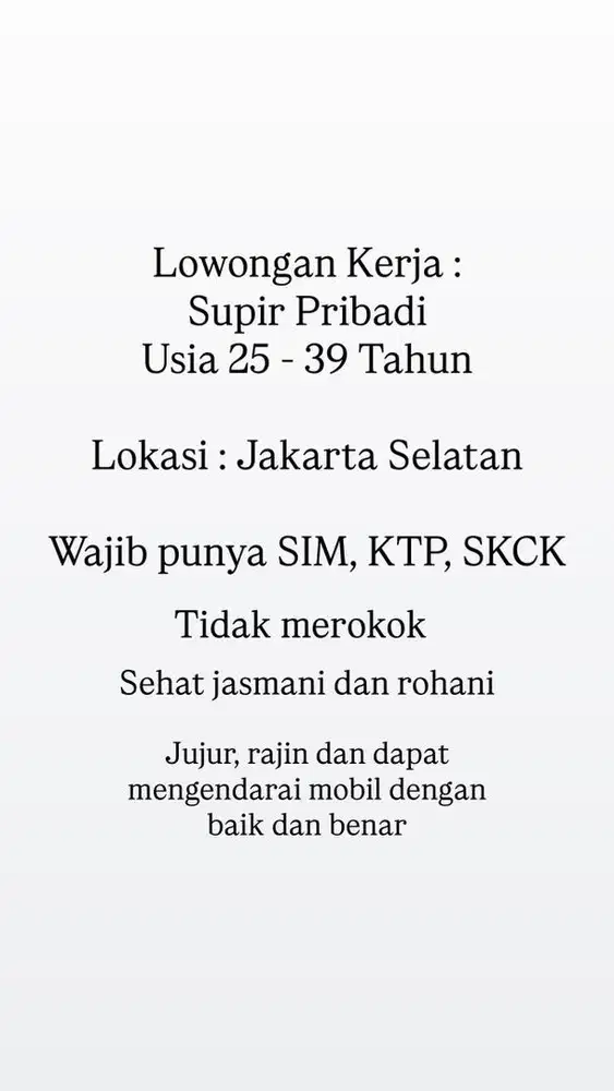 Lowongan Supir Pribadi - Jakarta Selatan