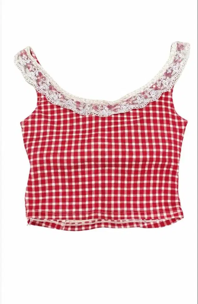 Atasan Crop Top Kotak Kotak Merah (Baru)
