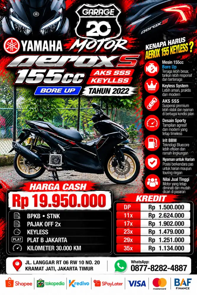Yamaha All New Aerox S ABS Boreup VVA-Fi Bluecore Keylles Tahun 2019