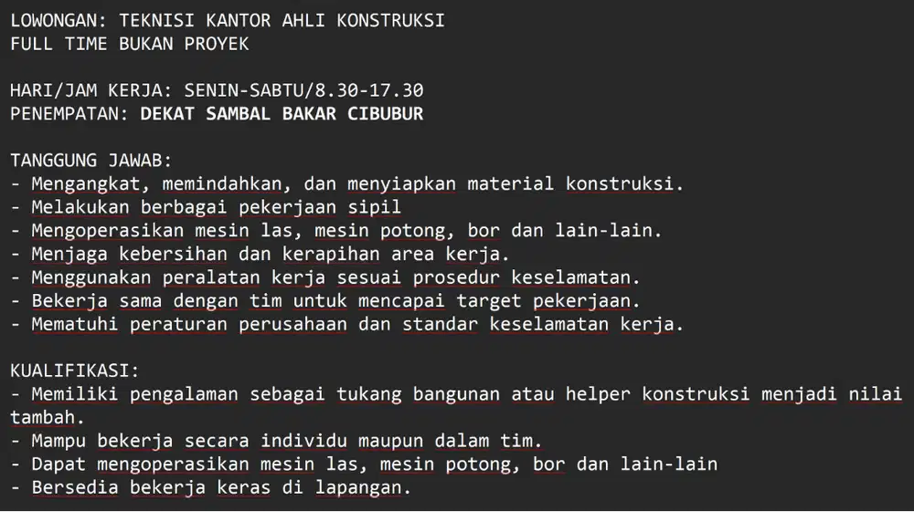 TEKNISI KANTOR AHLI KONSTRUKSI - FULL TIME BUKAN PROYEK