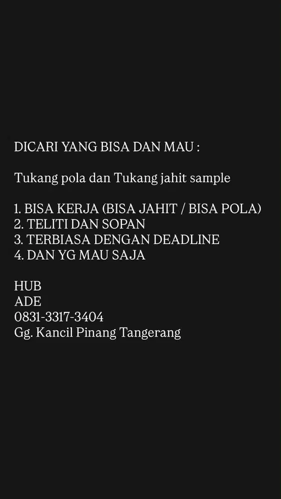 LOWONGAN PEKERJAAN PENJAHIT/TUKANG POLA