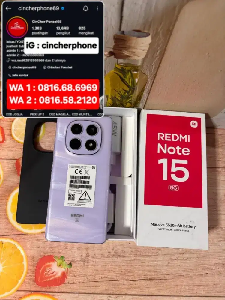 Jual hp likenew Redmi Note 15 5G 8/256 BH 100% Siklus 79 grs juni 2027