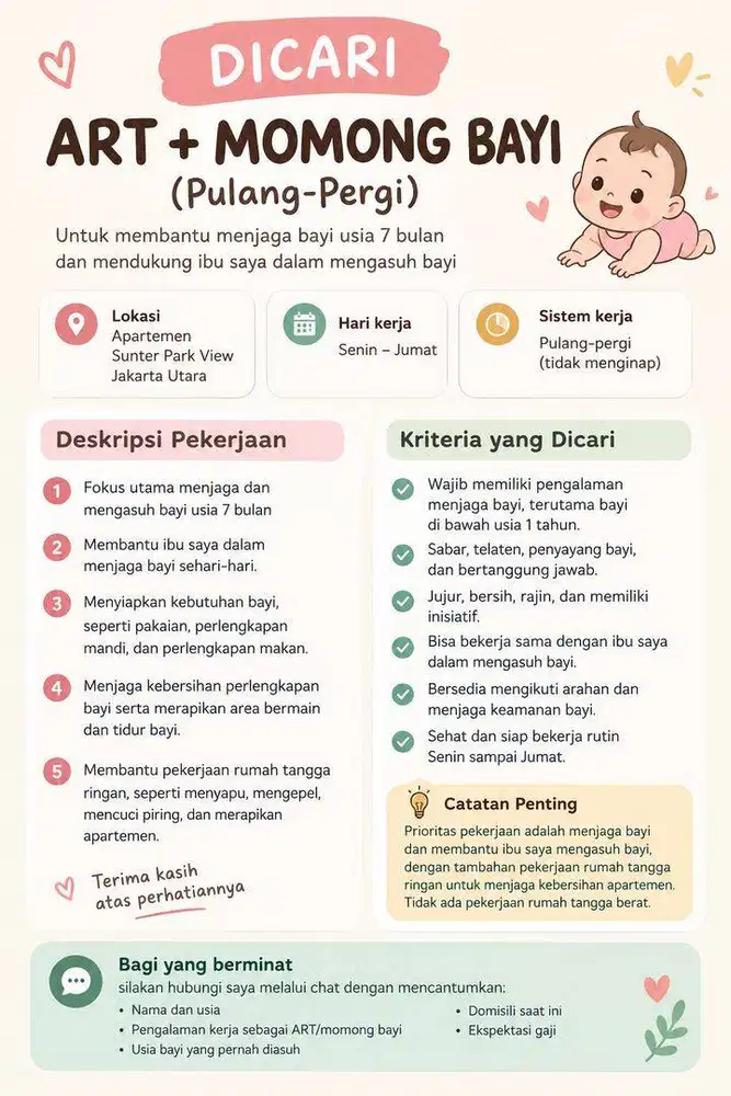 Dicari ART Momong Bayi PP (Sunter)