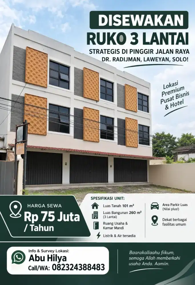 DISEWAKAN RUKO 3 LANTAI PINGGIR JALAN RAYA DR. RADJIMAN LAWEYAN SOLO