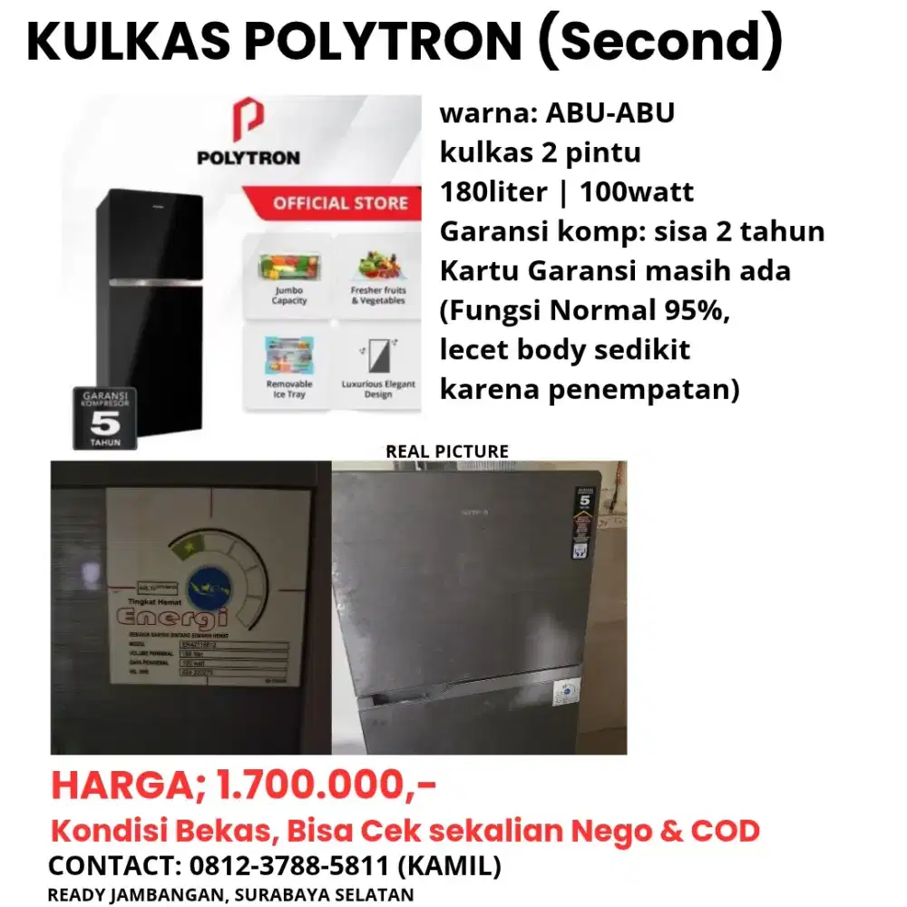 KULKAS 2 PINTU POLYTRON - MASIH GARANSI 2028