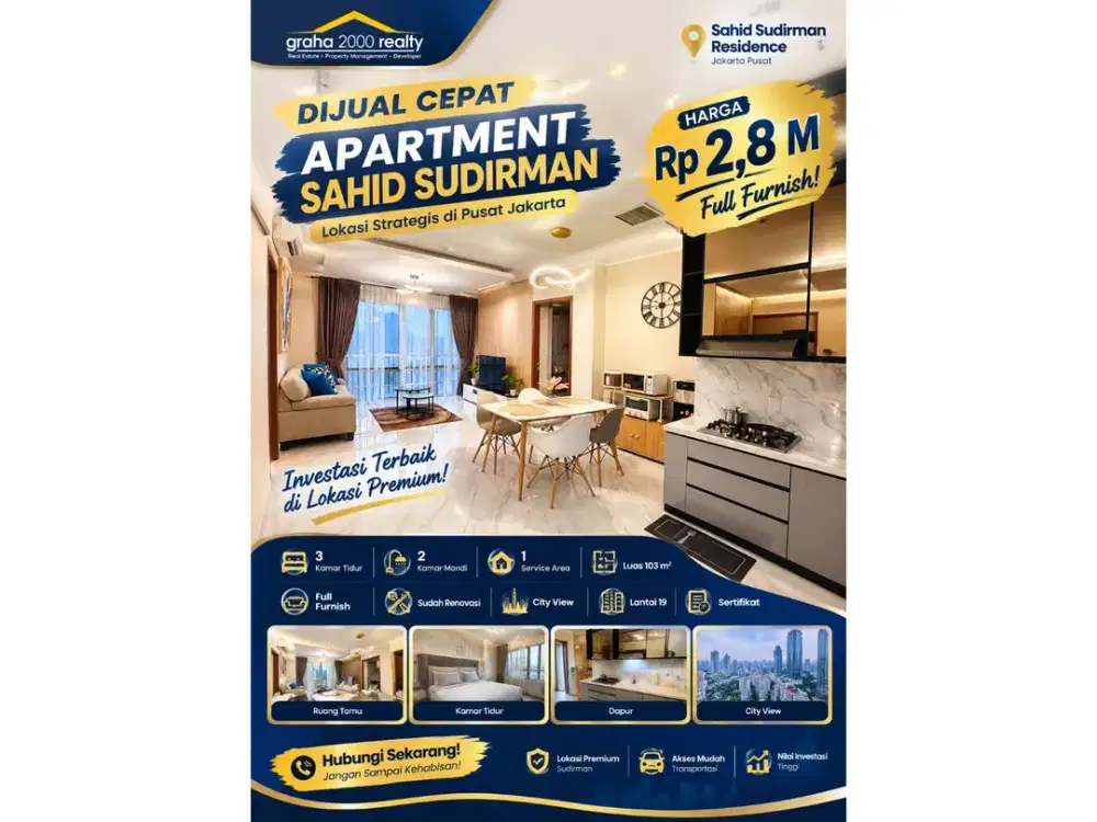 Dijual Cepat Apartemen Sahid Sudirman Residence 3 Kamar Tidur Full Furnished 103 m² Lantai 19 Harga 2,8 Miliar