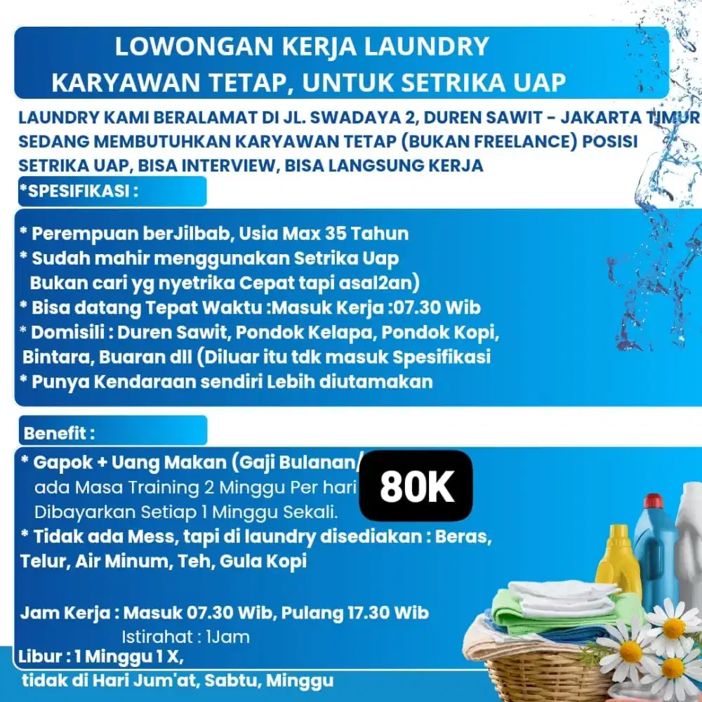 Lowongan Kerja Laundry Tenaga Setrika Harian bukan Freelance